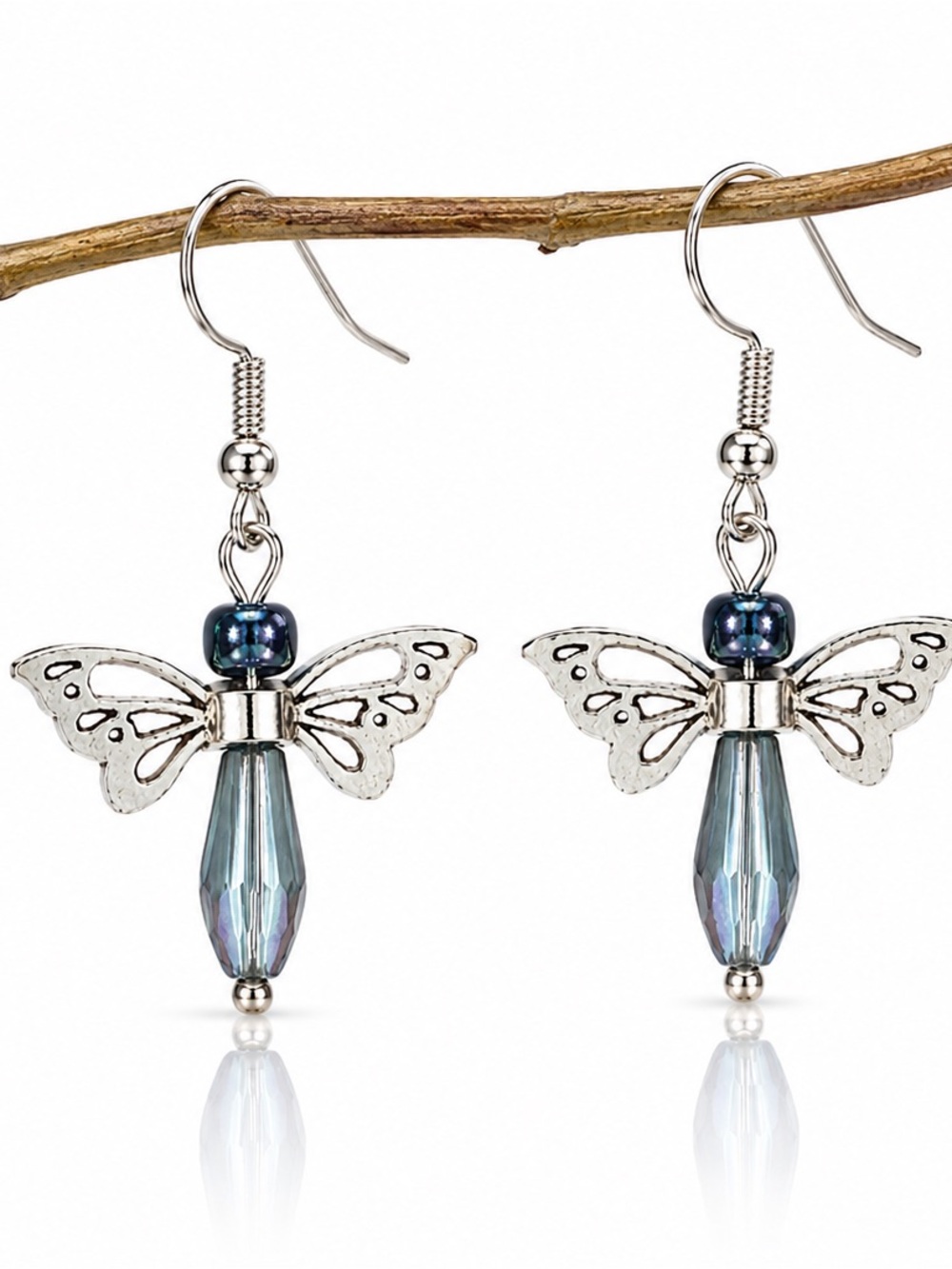 Silver Butterfly Earrings Iridescent Crystal Fairycore Boho